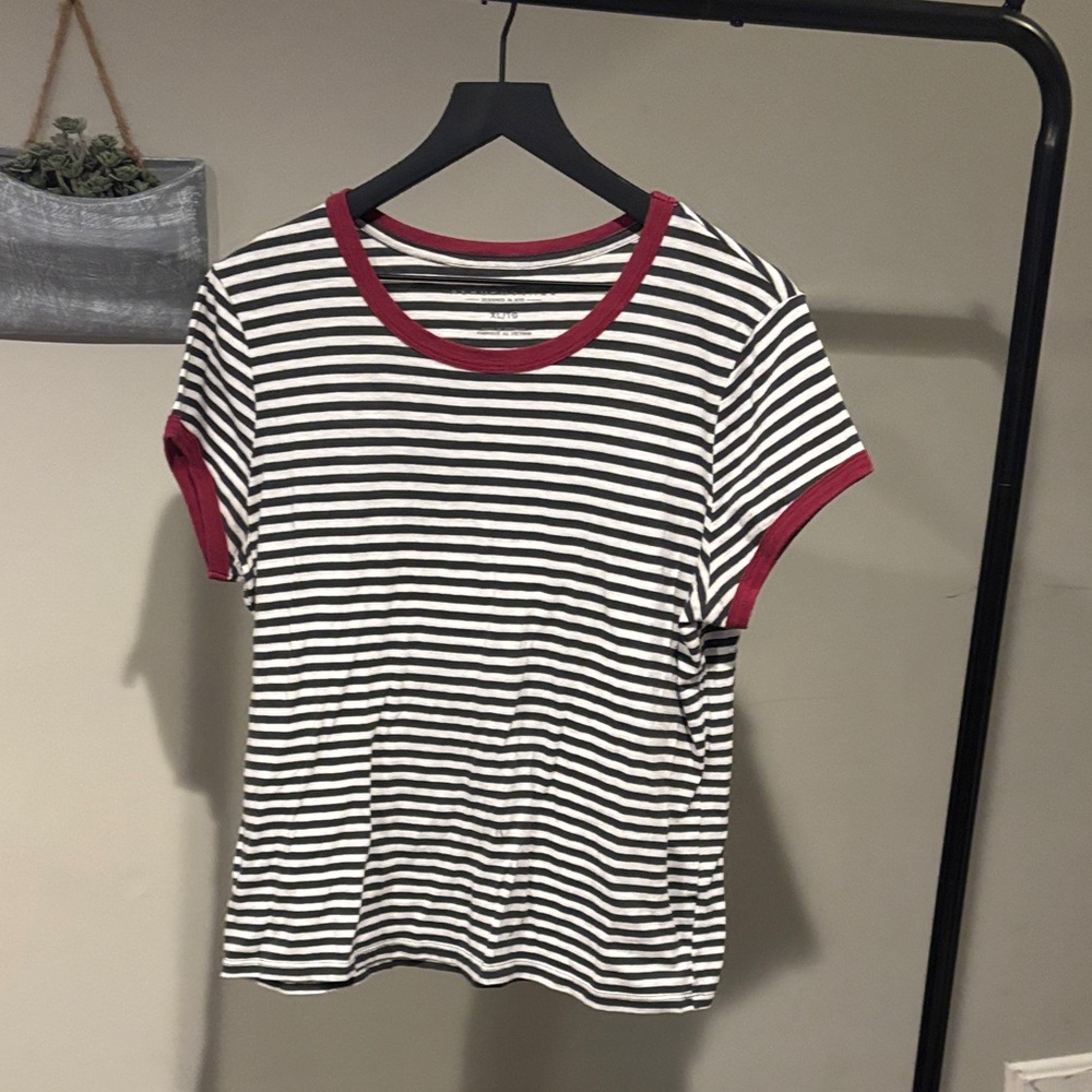 Aeropostale Black & White Striped Tee with Red Trim